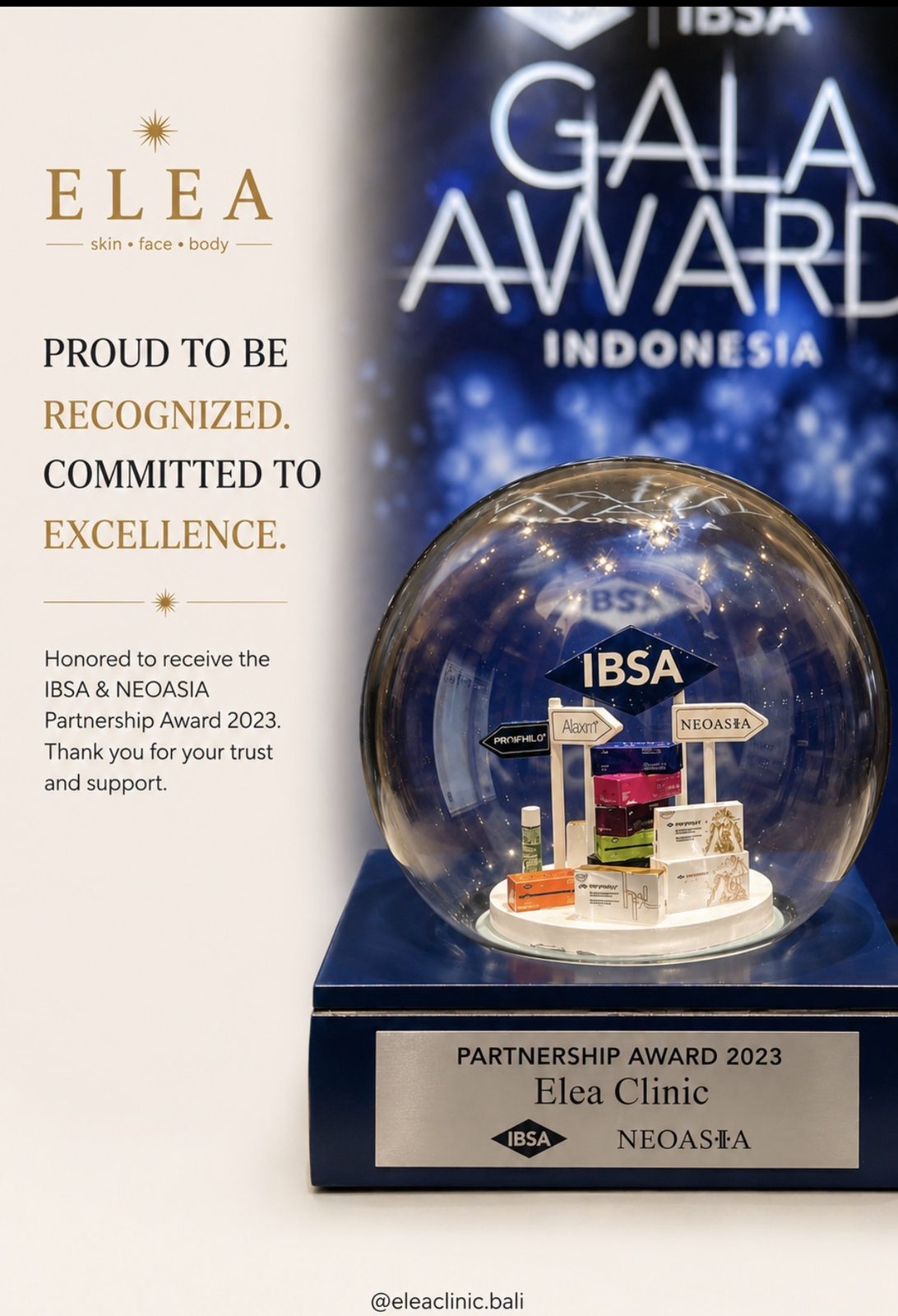 Elea Clinic IBSA and Neoasia Partnership Award 2023 trophy from the IBSA Gala Award Indonesia