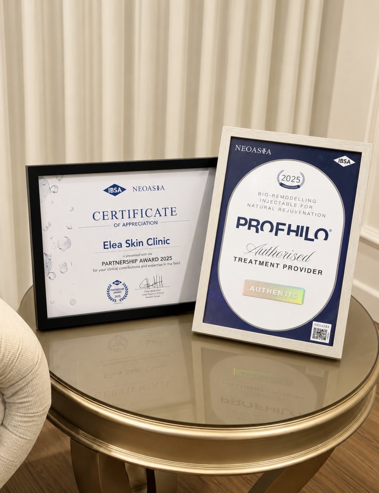 Elea Skin Clinic IBSA Neoasia Partnership Award 2025 certificate beside the Profhilo Authorised Treatment Provider 2025 certification