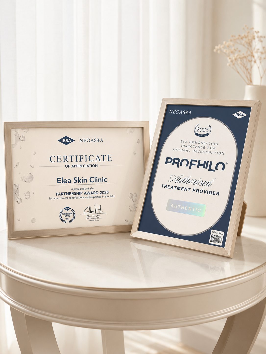 Neoasia Certificate of Appreciation and Profhilo Preferred Treatment Provider plaque displayed at Elea Clinic