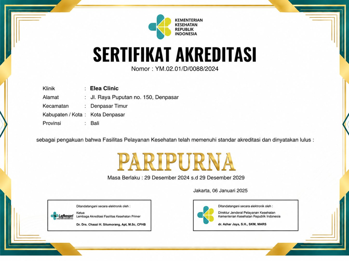 Elea Clinic Paripurna accreditation certificate, valid December 2024 to December 2029