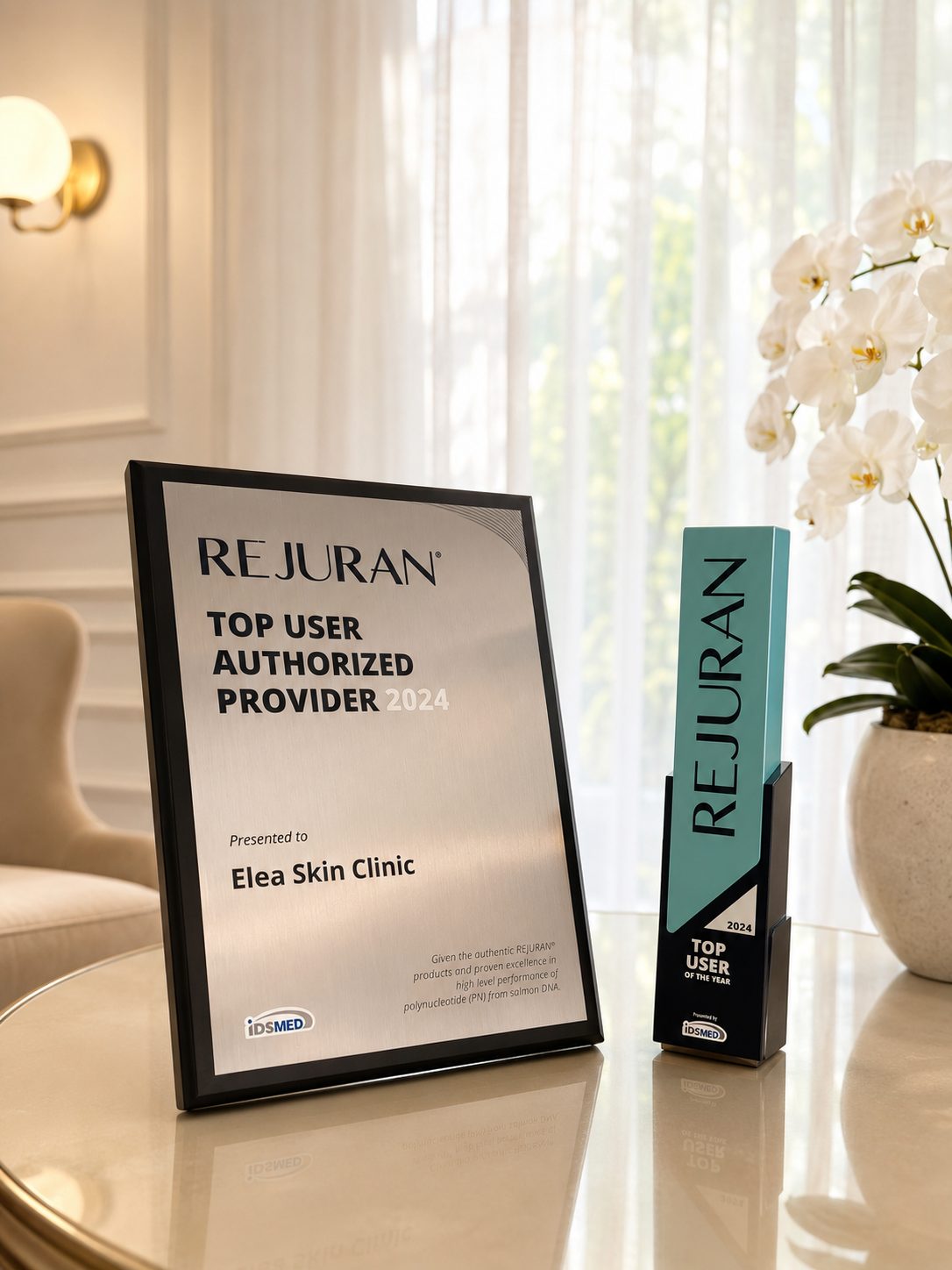 Rejuran Top User Authorized Provider 2024 award plaque presented to Elea Clinic