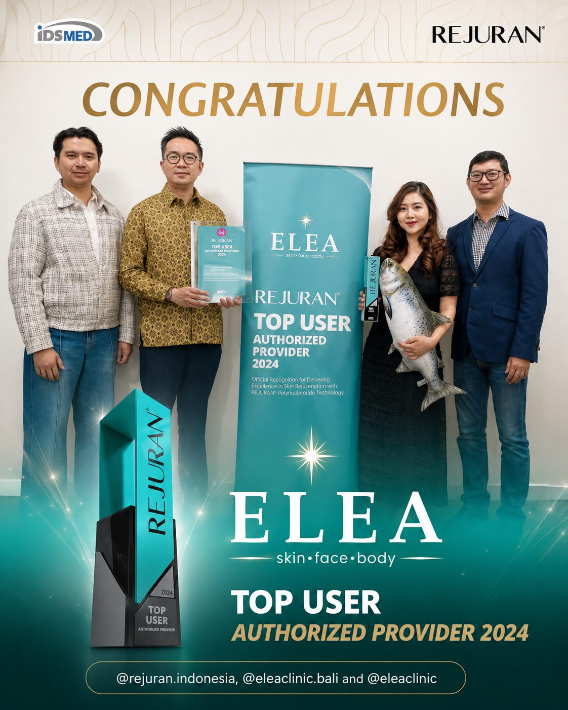 Elea Clinic receiving the Rejuran Top User Authorized Provider 2024 award from idsMED Indonesia