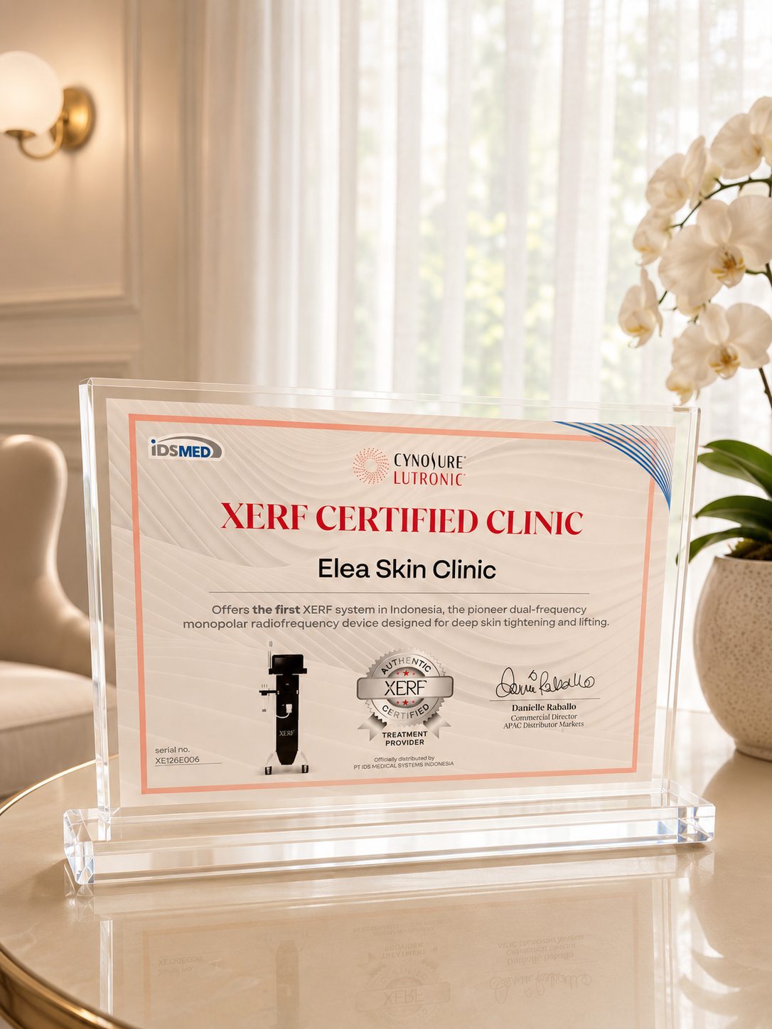 XERF Certified Clinic certificate presented to Elea Skin Clinic by Cynosure Lutronic