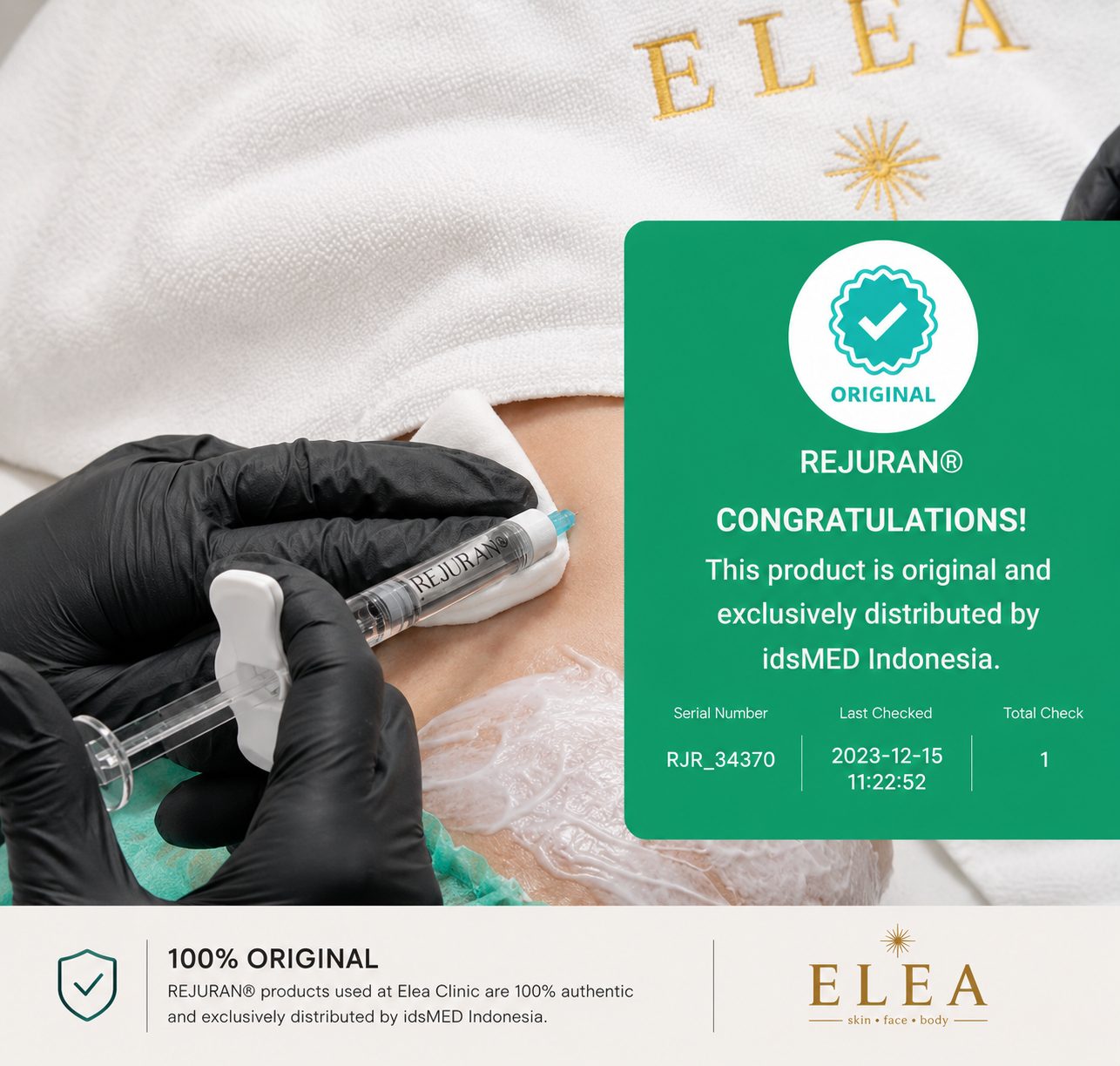 Rejuran Original QR verification at Elea Clinic Bali — 100% authentic, exclusively distributed by idsMED Indonesia