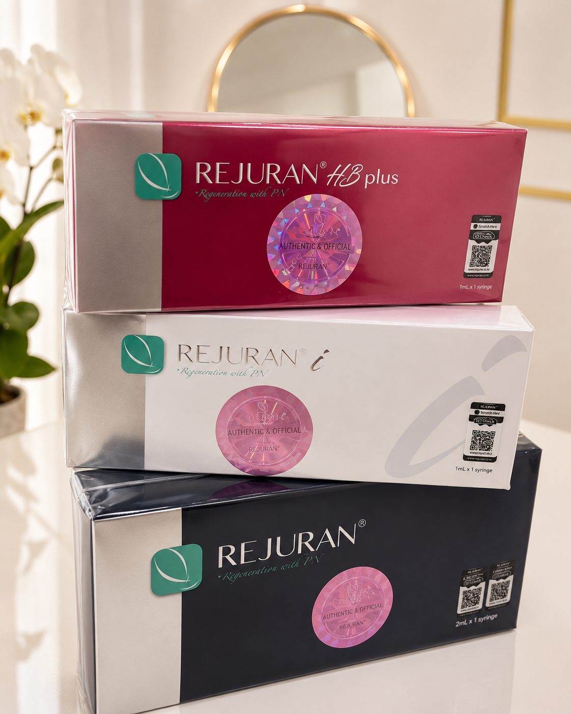 Genuine Rejuran HB Plus, Rejuran i and Rejuran Healer product boxes at Elea Clinic Bali