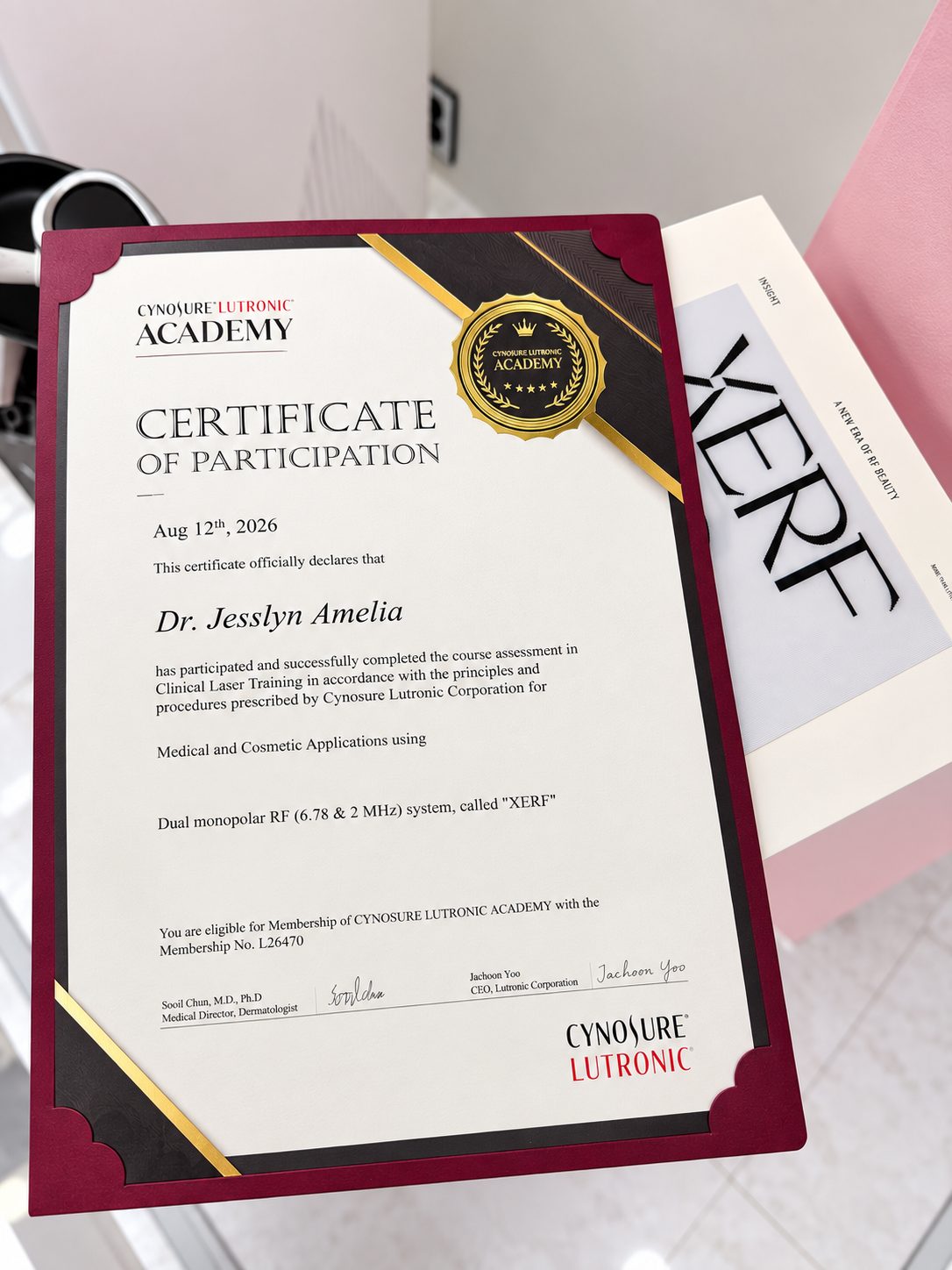 Cynosure Lutronic Academy certificate of participation, dual monopolar RF 6.78 and 2 MHz XERF system, dr. Jesslyn Amelia, 12 August 2026