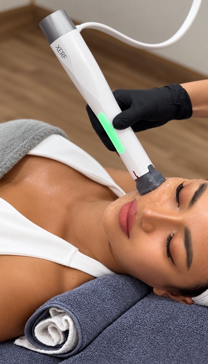 XERF monopolar radiofrequency handpiece and cooled tip during a facial treatment